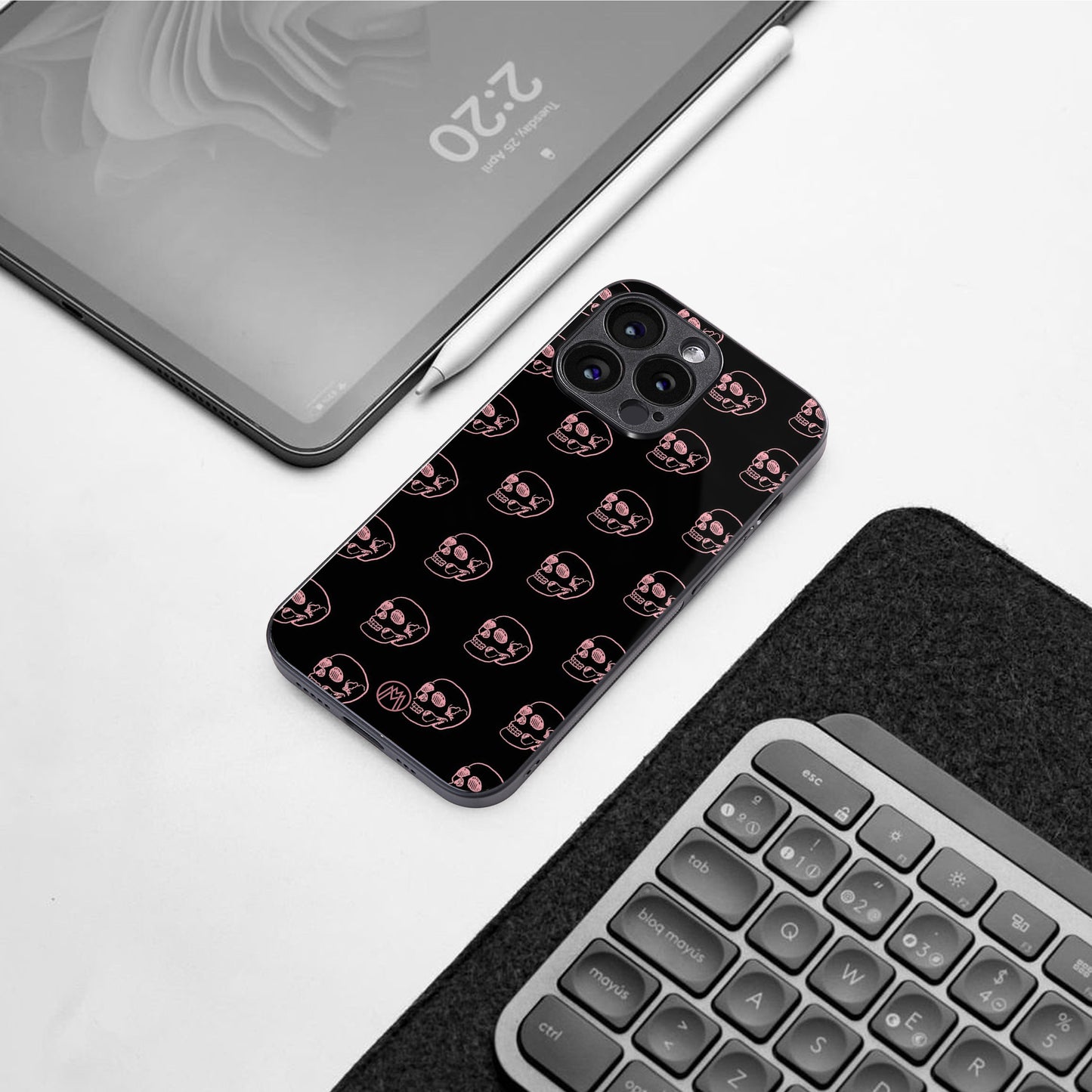 pink skull pattern back phone cover | glass case for iphone 16 pro max