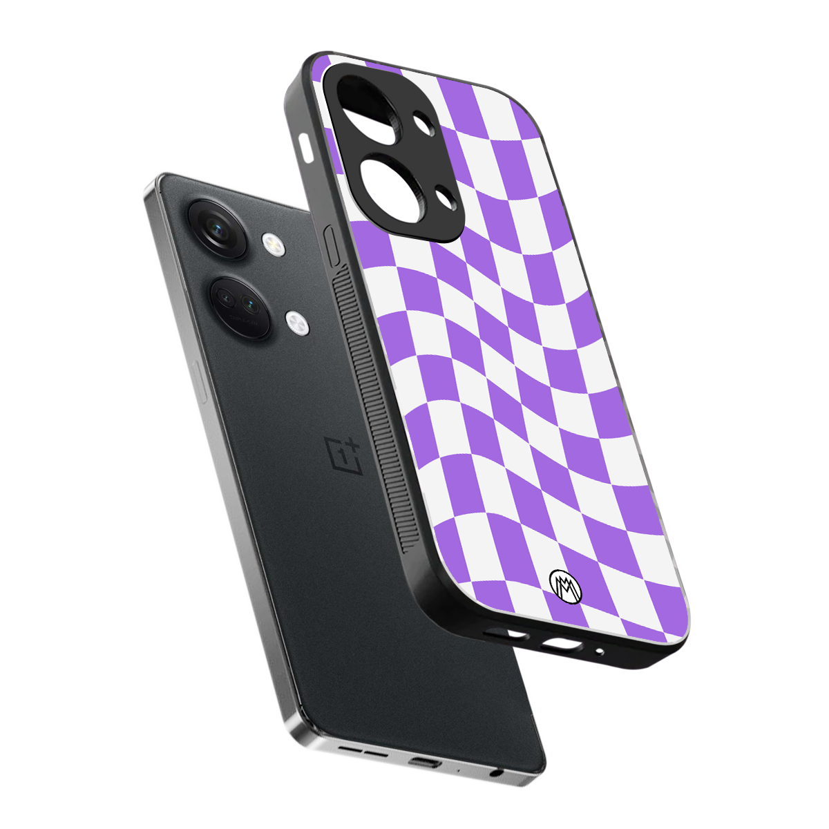 purple white trippy check pattern back phone cover | glass case for oneplus nord 3