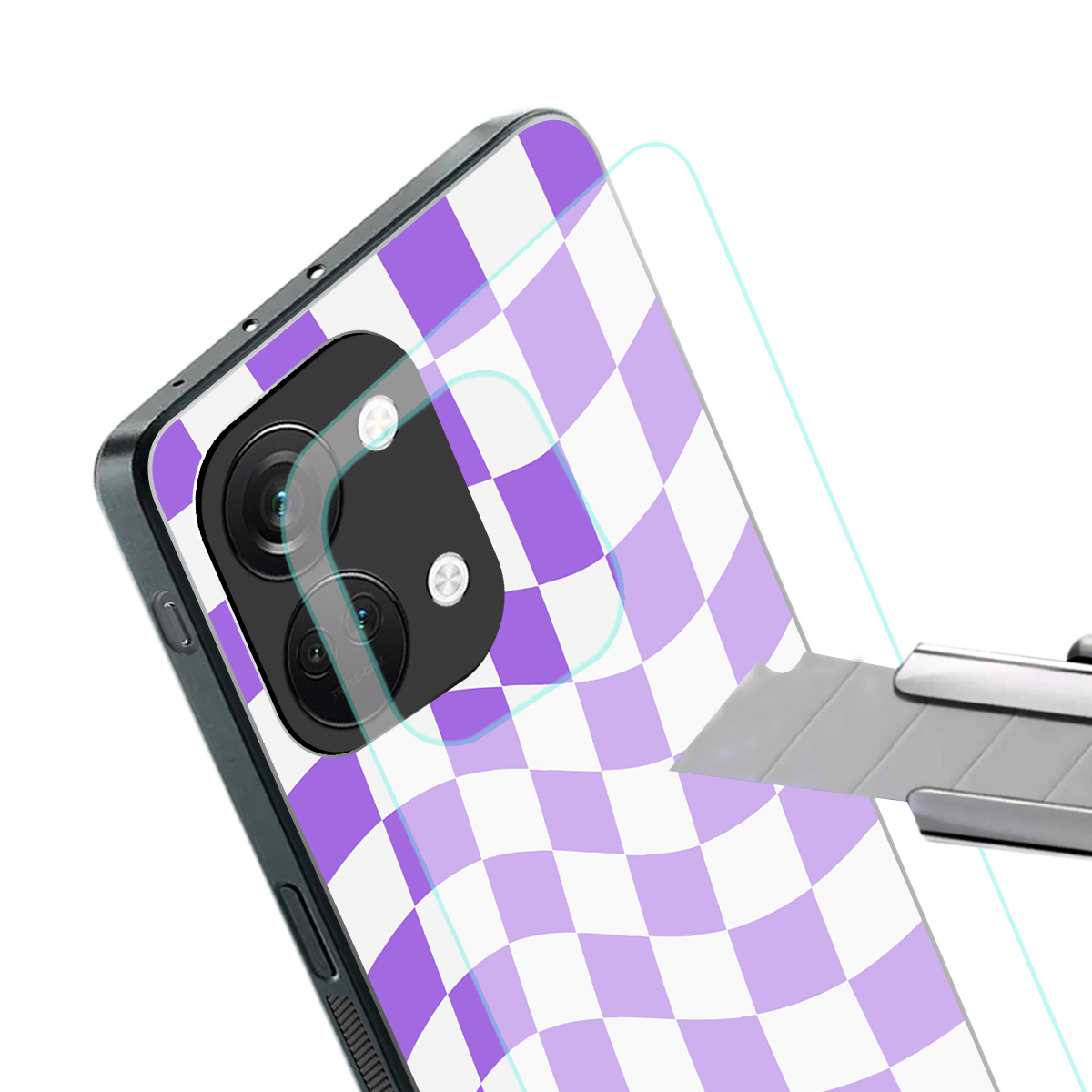 purple white trippy check pattern back phone cover | glass case for oneplus nord 3