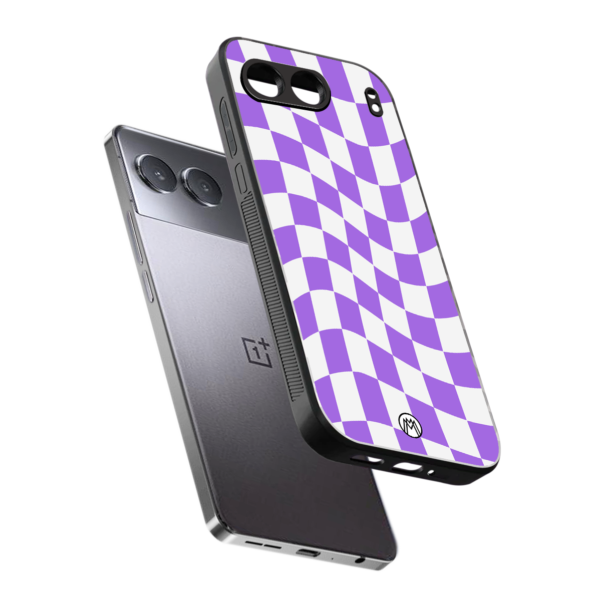 purple white trippy check pattern back phone cover | glass case for oneplus nord 4
