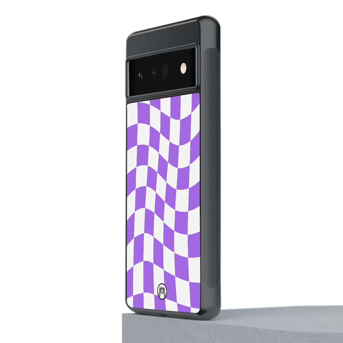 purple white trippy check pattern back phone cover | glass case for google pixel 6 pro