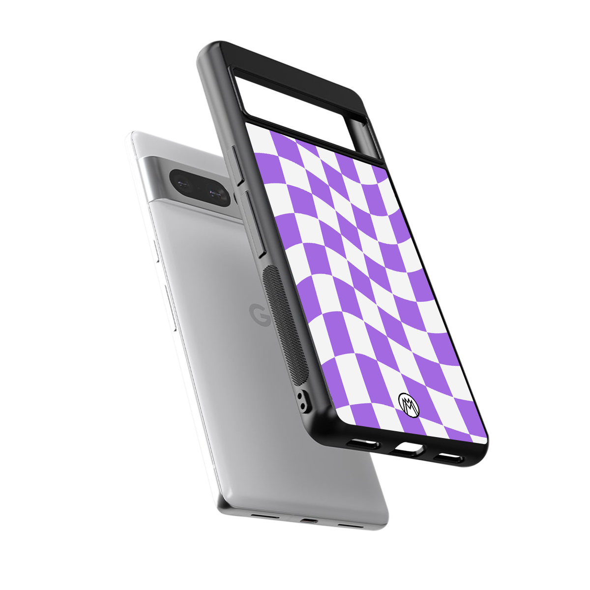 purple white trippy check pattern back phone cover | glass case for google pixel 7 pro