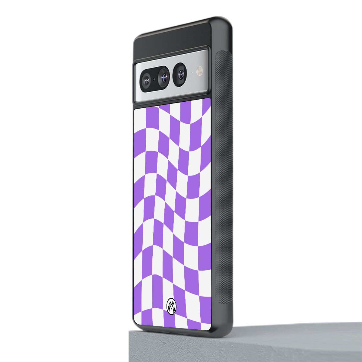 purple white trippy check pattern back phone cover | glass case for google pixel 7 pro