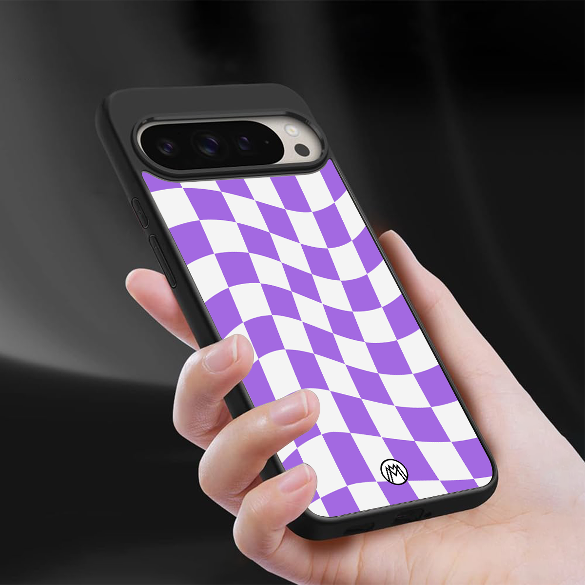 purple white trippy check pattern back phone cover | glass case for google pixel 9 pro