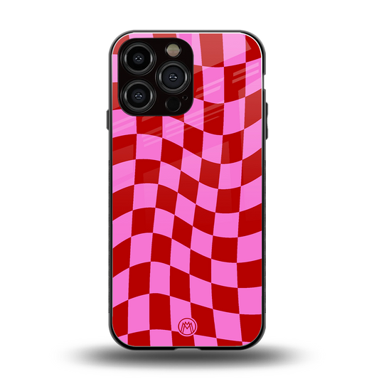 red pink trippy check pattern back phone cover | glass case for iphone 14 pro max