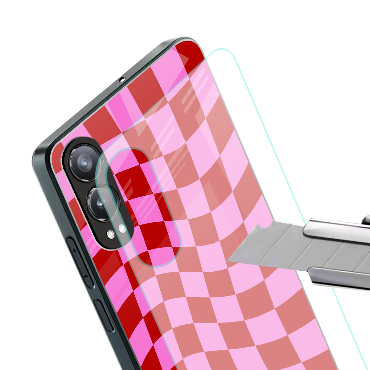 red pink trippy check pattern back phone cover | glass case for oneplus nord ce 4 lite