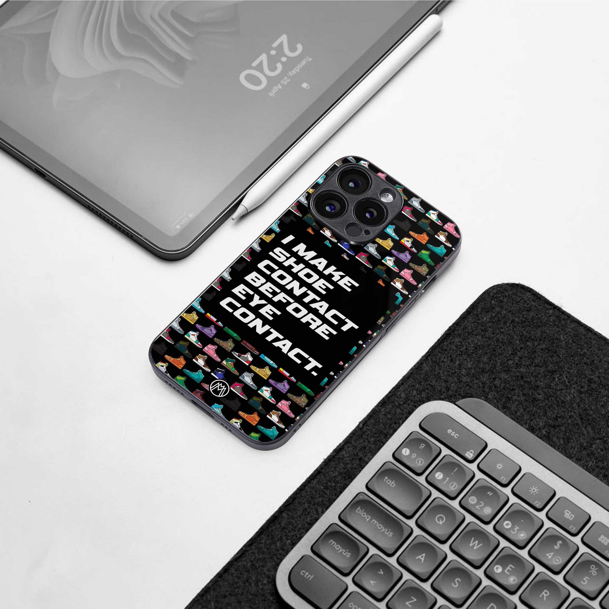 shoe contact back phone cover | glass case for iphone 14 pro max