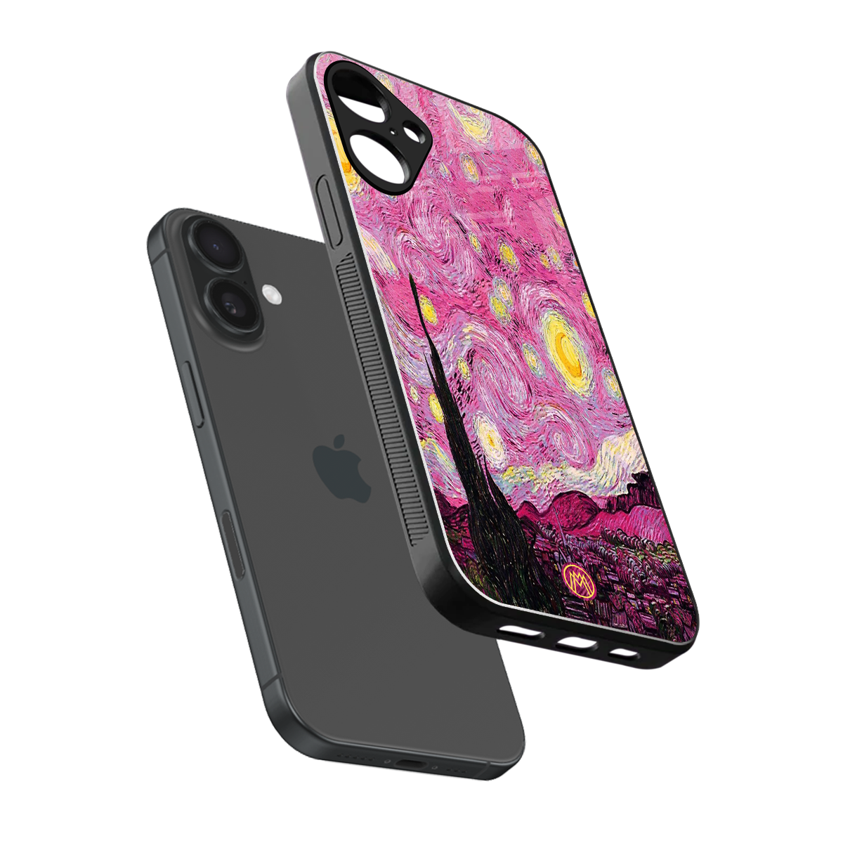 starry night pink back phone cover | glass case for iphone 16 plus