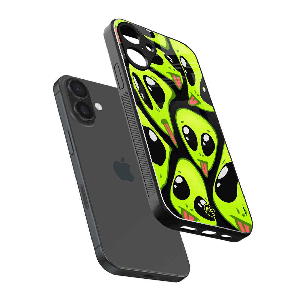 trippy aliens back phone cover | glass case for iphone 16 plus