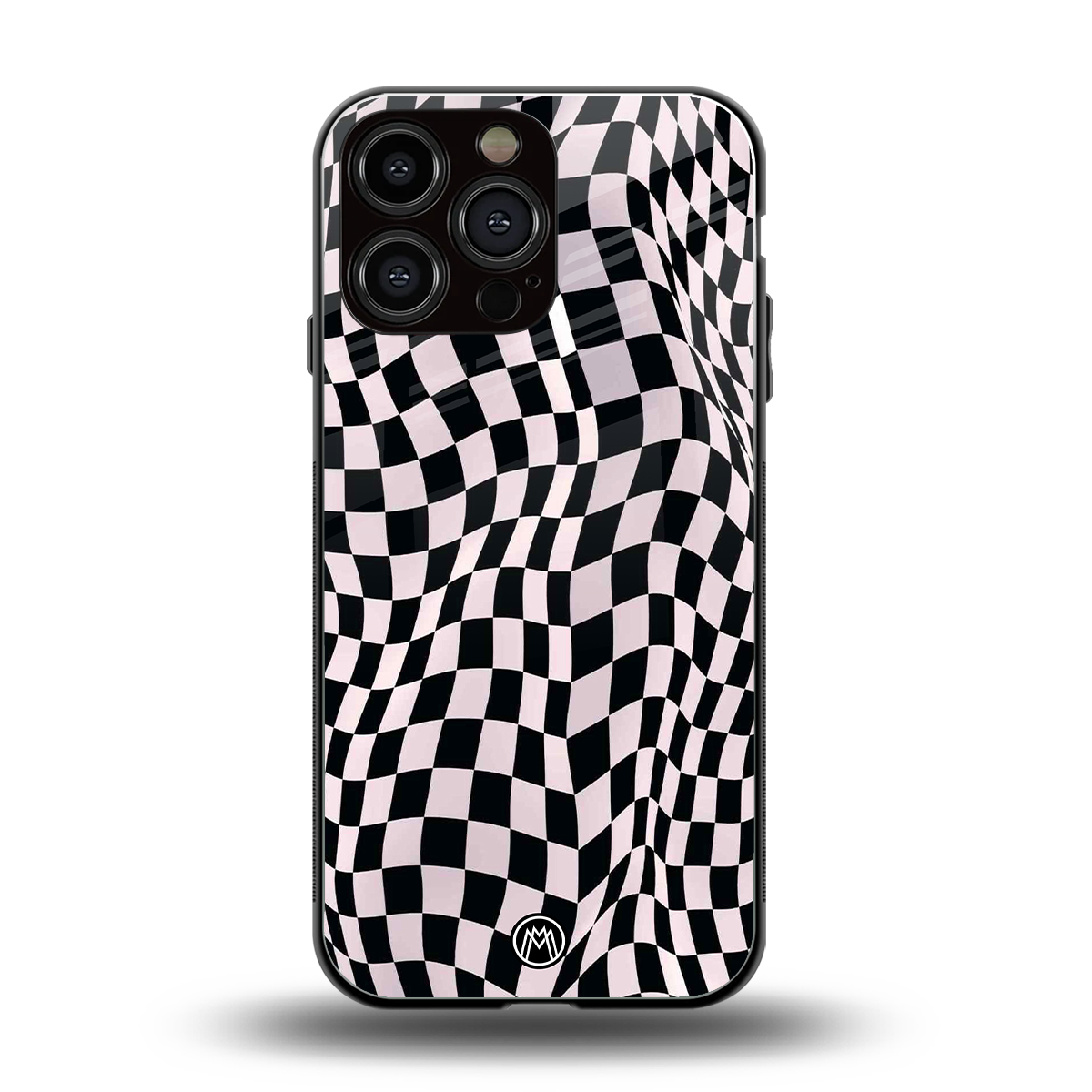 trippy b&w check pattern back phone cover | glass case for iphone 14 pro max