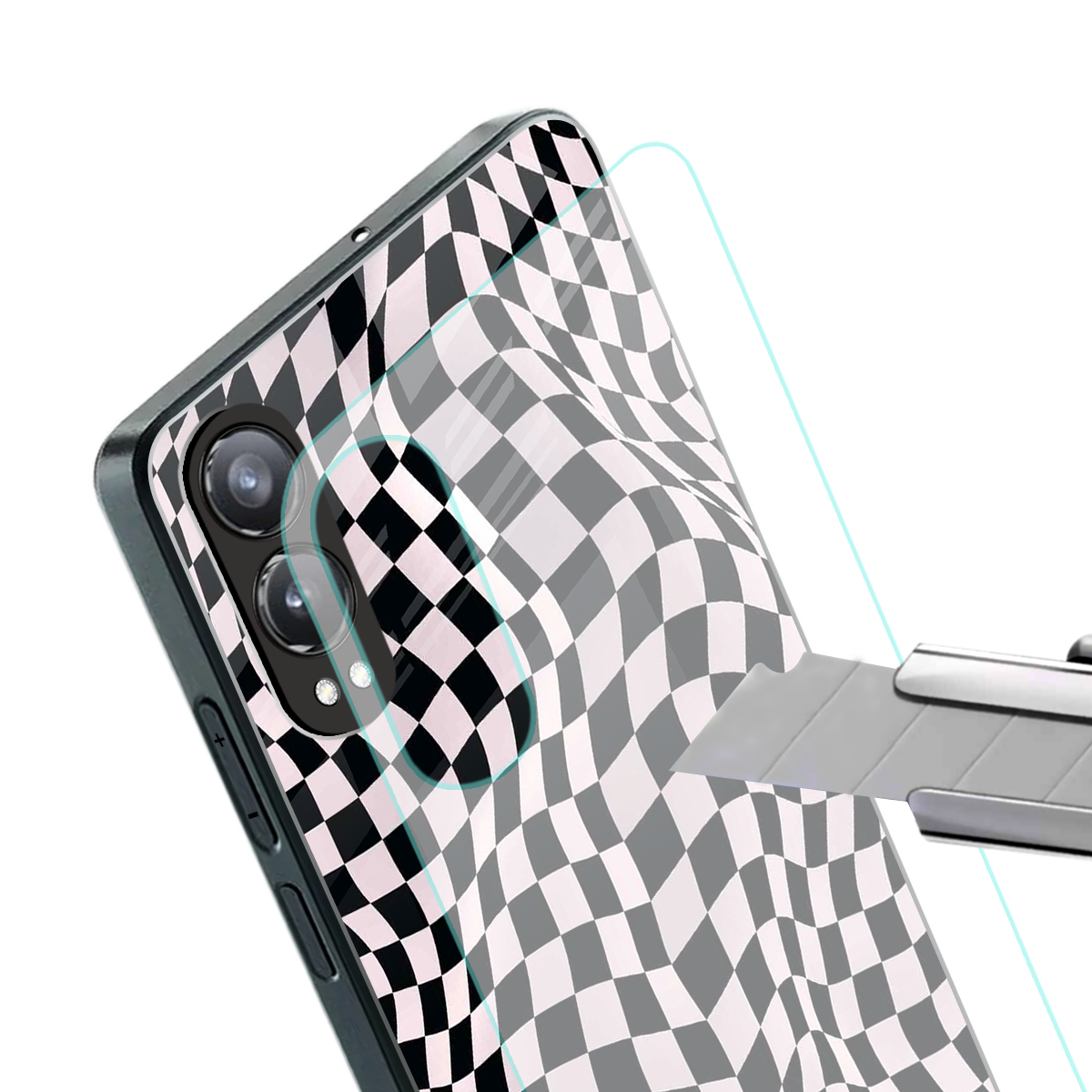 trippy b&w check pattern back phone cover | glass case for oneplus nord ce 4 lite