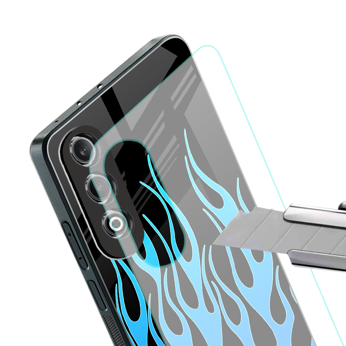 y2k blue flames back phone cover | glass case for oneplus nord ce 4