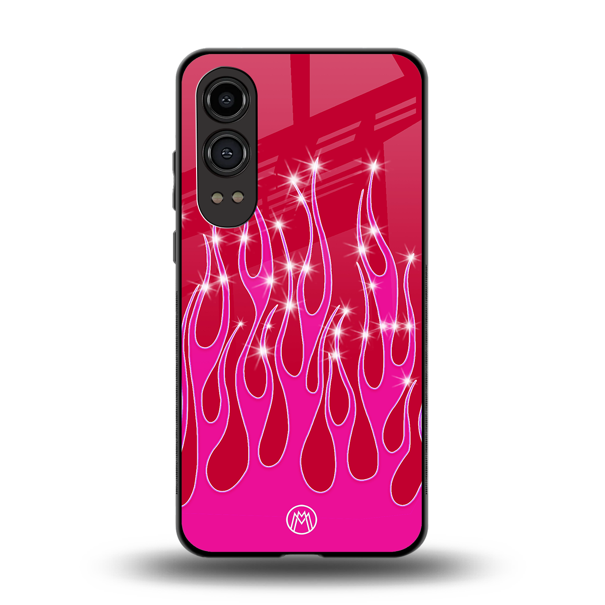 y2k magenta glittery flames back phone cover | glass case for oneplus nord ce 4 lite