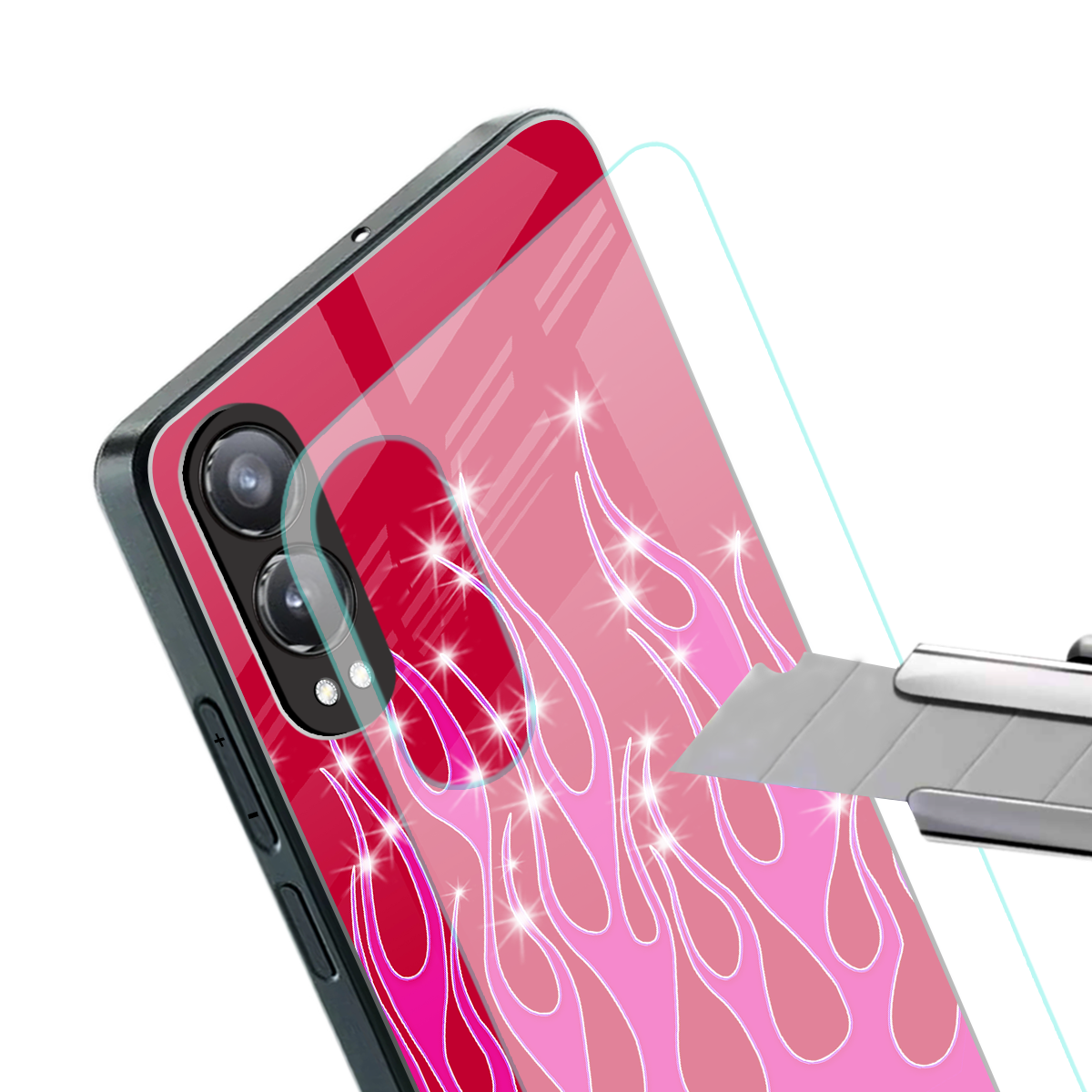 y2k magenta glittery flames back phone cover | glass case for oneplus nord ce 4 lite