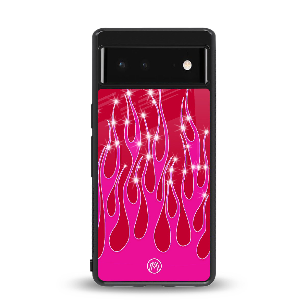 y2k magenta glittery flames back phone cover | glass case for google pixel 6