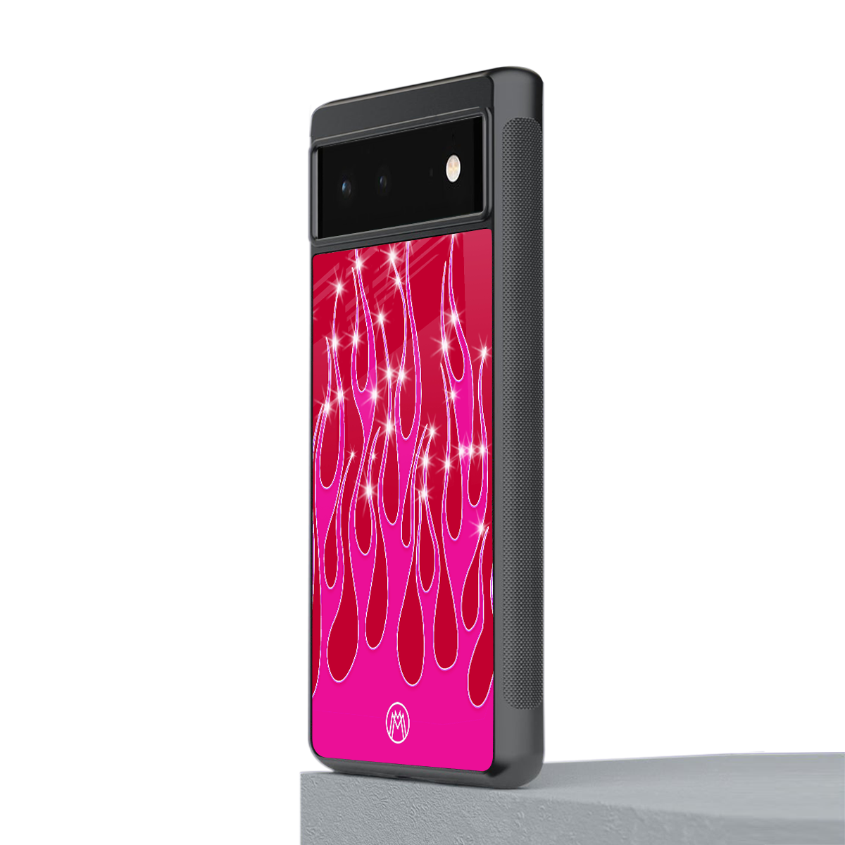 y2k magenta glittery flames back phone cover | glass case for google pixel 6