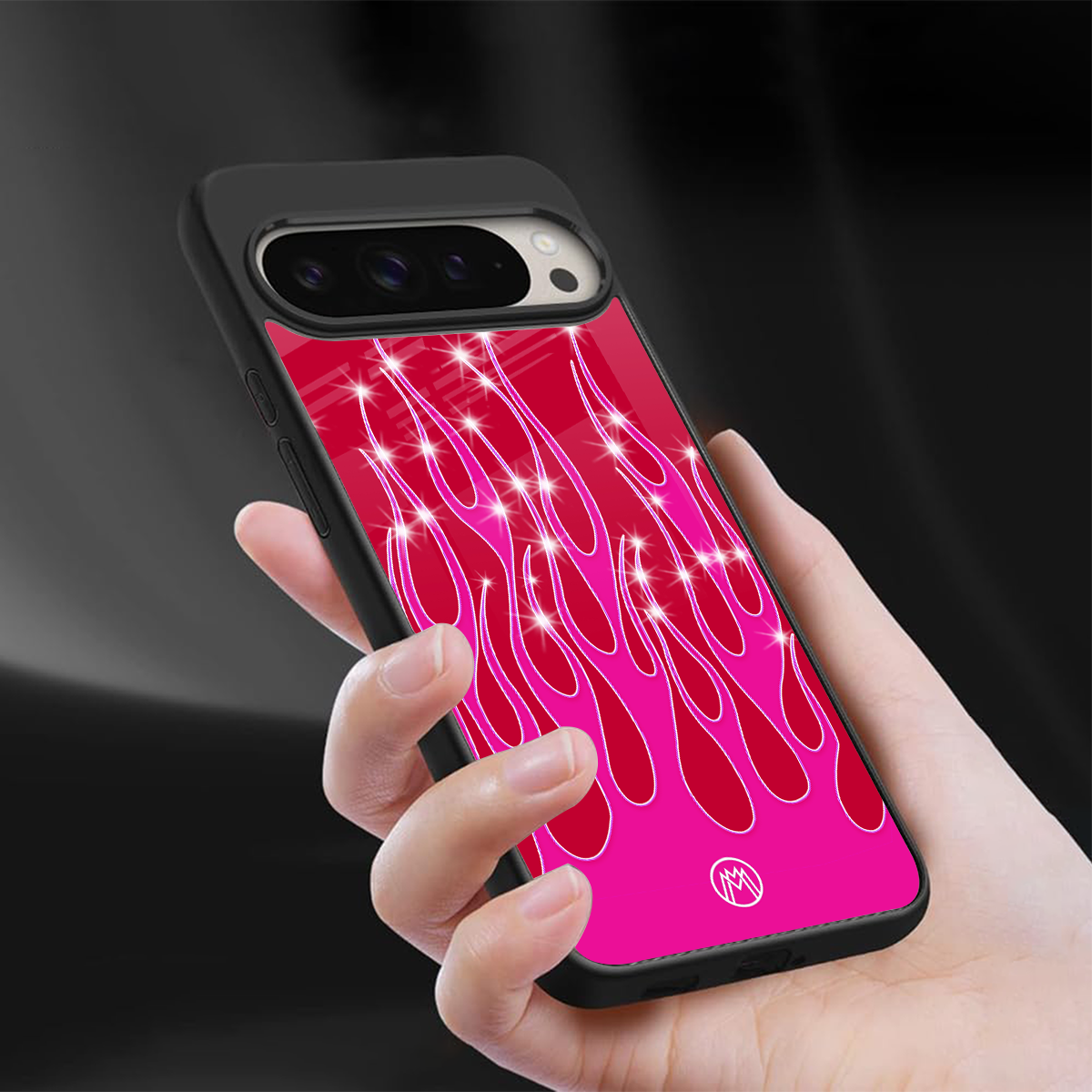 y2k magenta glittery flames back phone cover | glass case for google pixel 9 pro