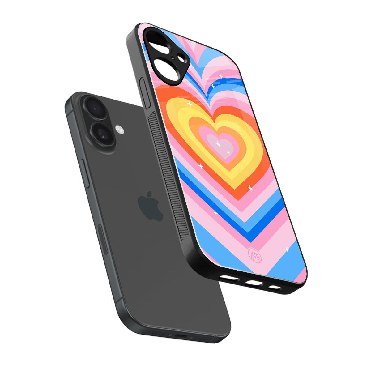 y2k rainbow hearts back phone cover | glass case for iphone 16 plus
