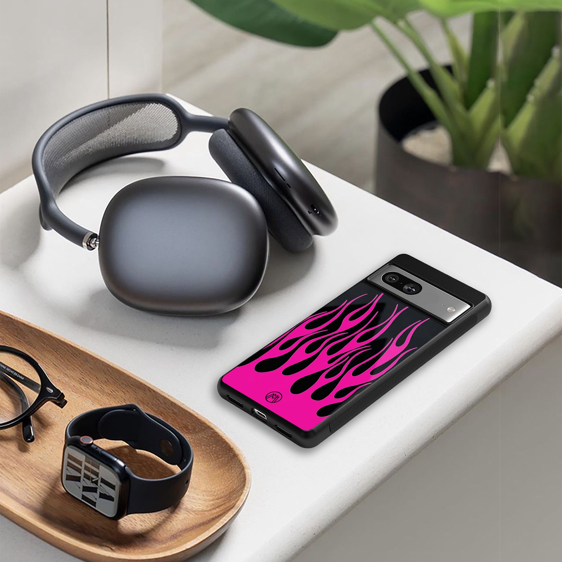 y2k black pink flames back phone cover | glass case for google pixel 9 pro