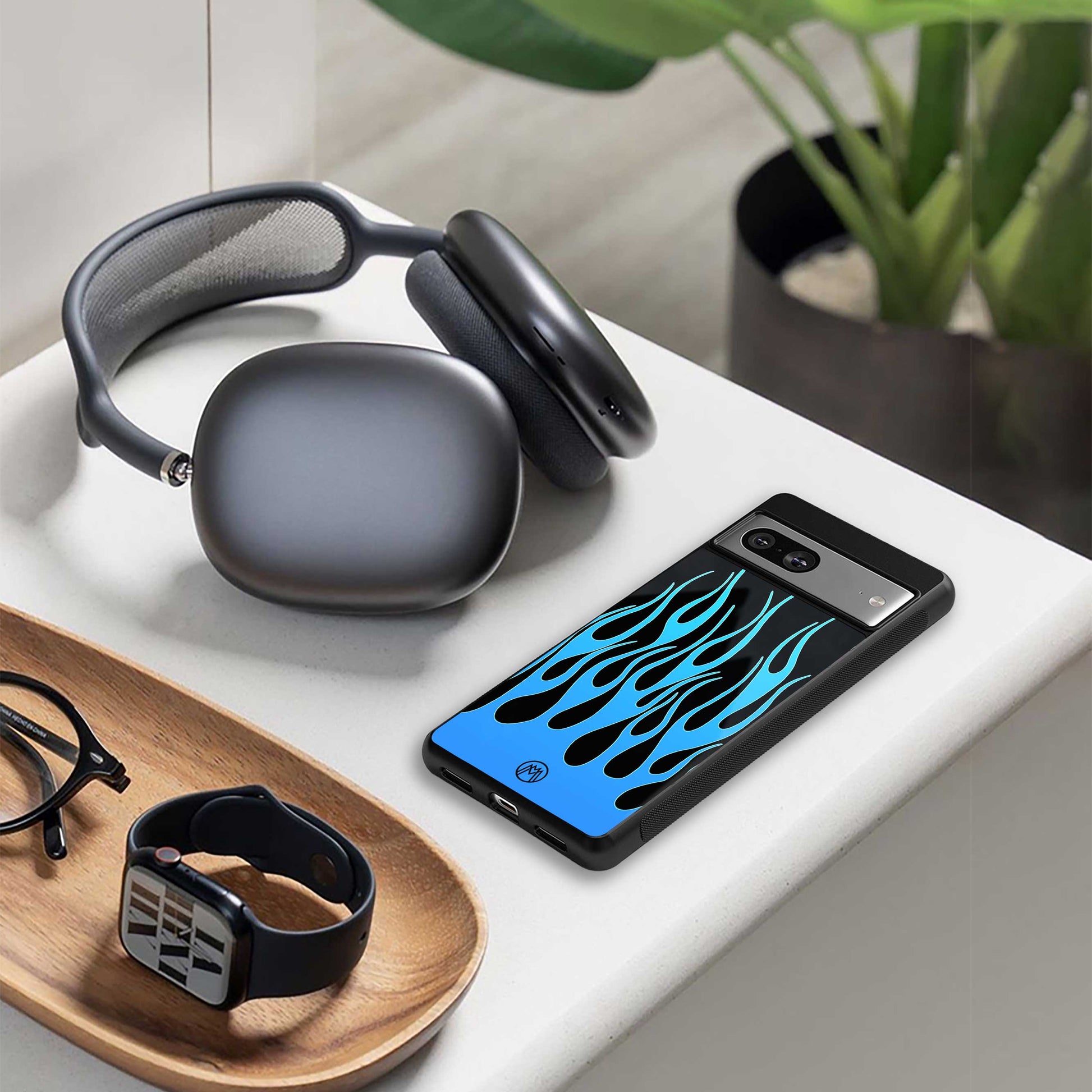 y2k blue flames back phone cover | glass case for iphone 14 pro max