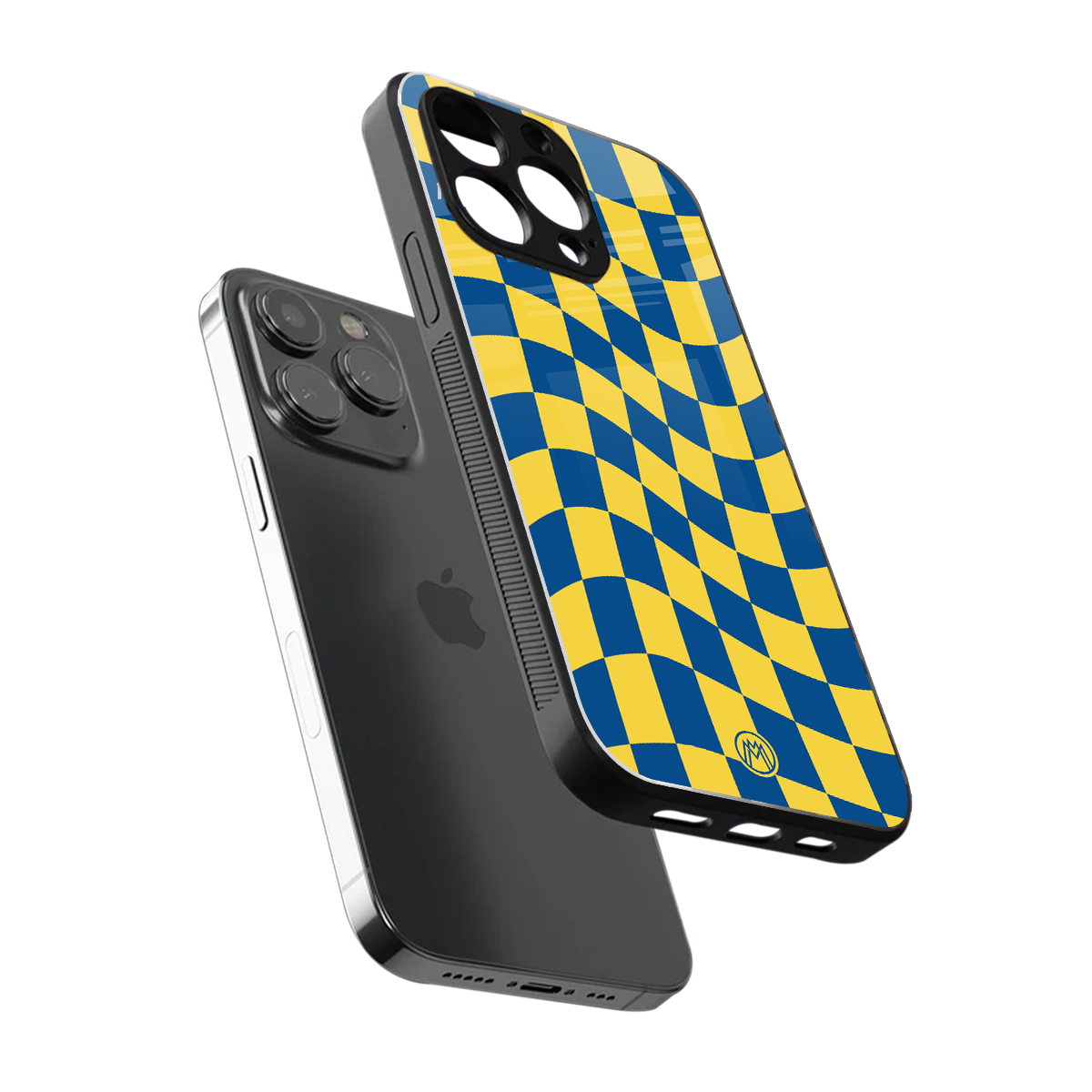 yellow blue trippy check pattern back phone cover | glass case for iphone 13 pro max