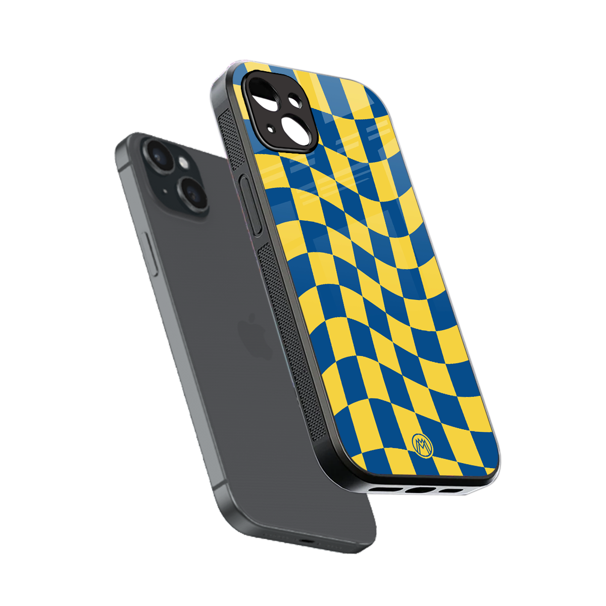 yellow blue trippy check pattern back phone cover | glass case for iphone 14 plus