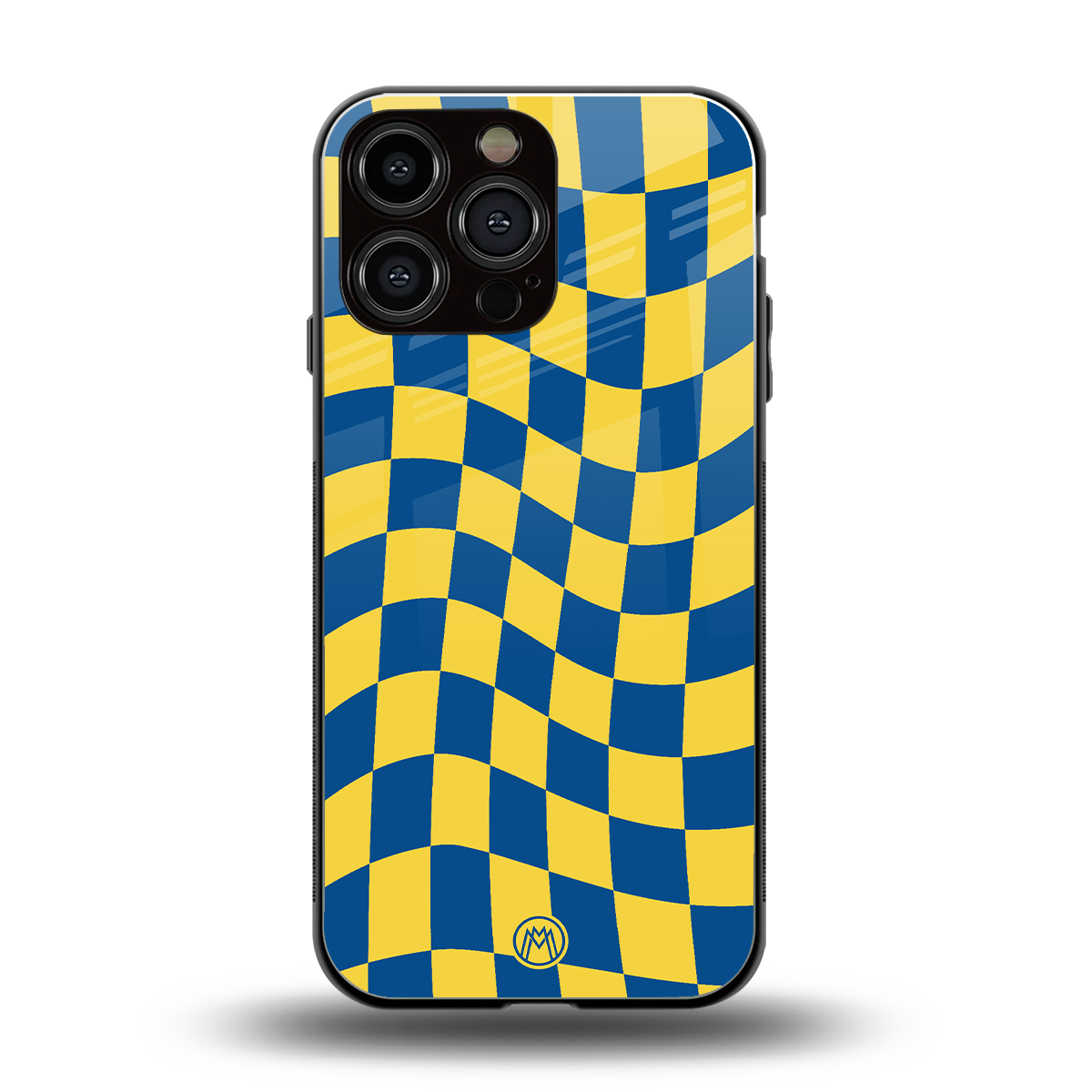 yellow blue trippy check pattern back phone cover | glass case for iphone 14 pro max