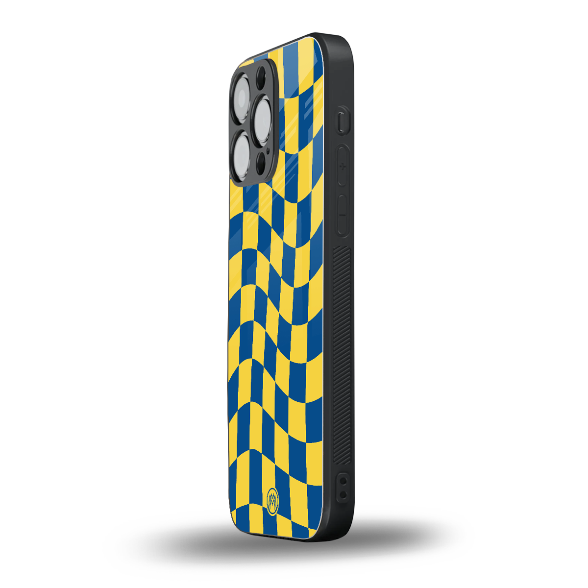 yellow blue trippy check pattern back phone cover | glass case for iphone 14 pro max