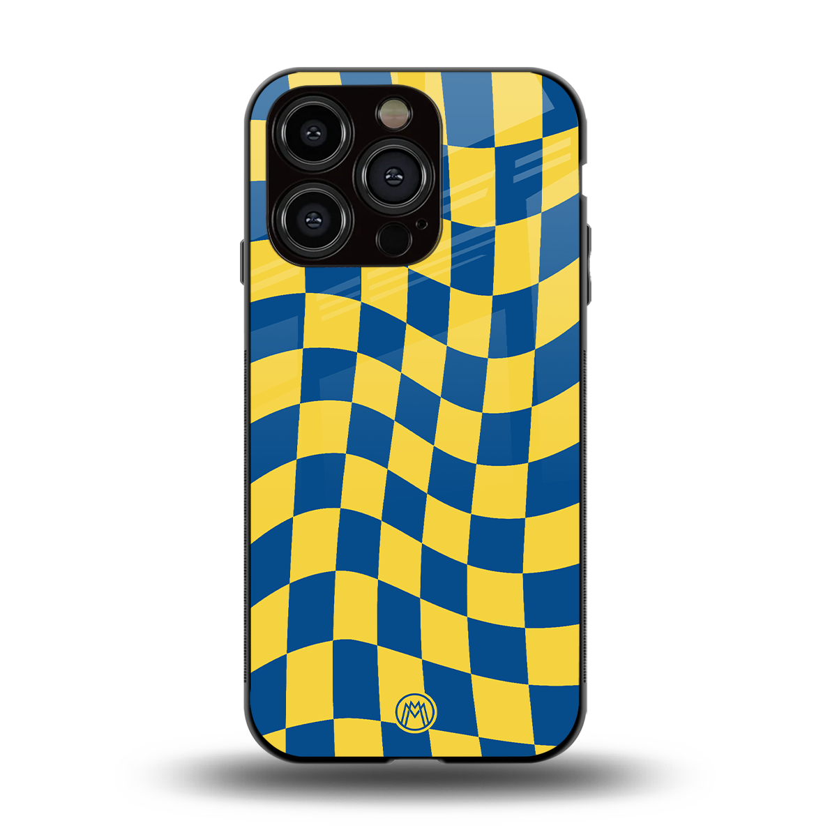 yellow blue trippy check pattern back phone cover | glass case for iphone 14 pro