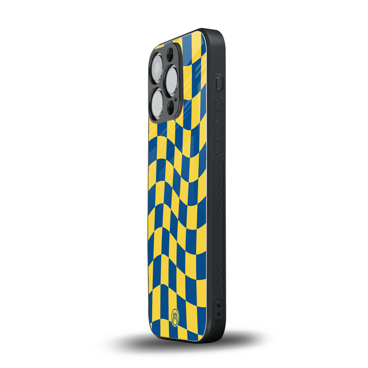 yellow blue trippy check pattern back phone cover | glass case for iphone 14 pro