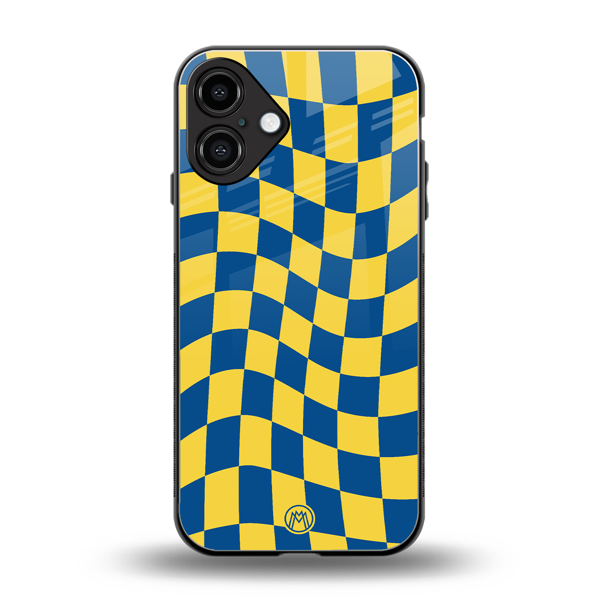 yellow blue trippy check pattern back phone cover | glass case for iphone 16 plus
