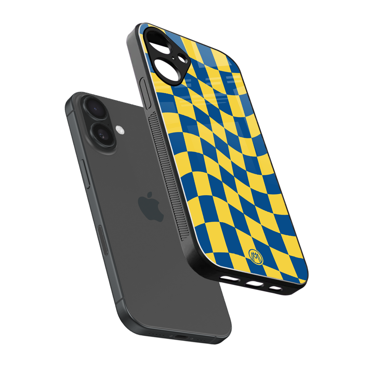 yellow blue trippy check pattern back phone cover | glass case for iphone 16 plus