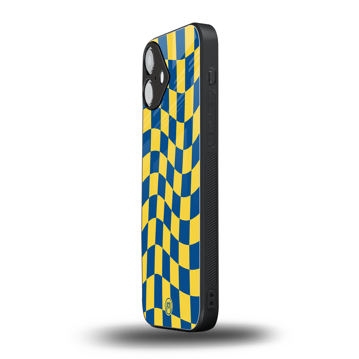 yellow blue trippy check pattern back phone cover | glass case for iphone 16 plus