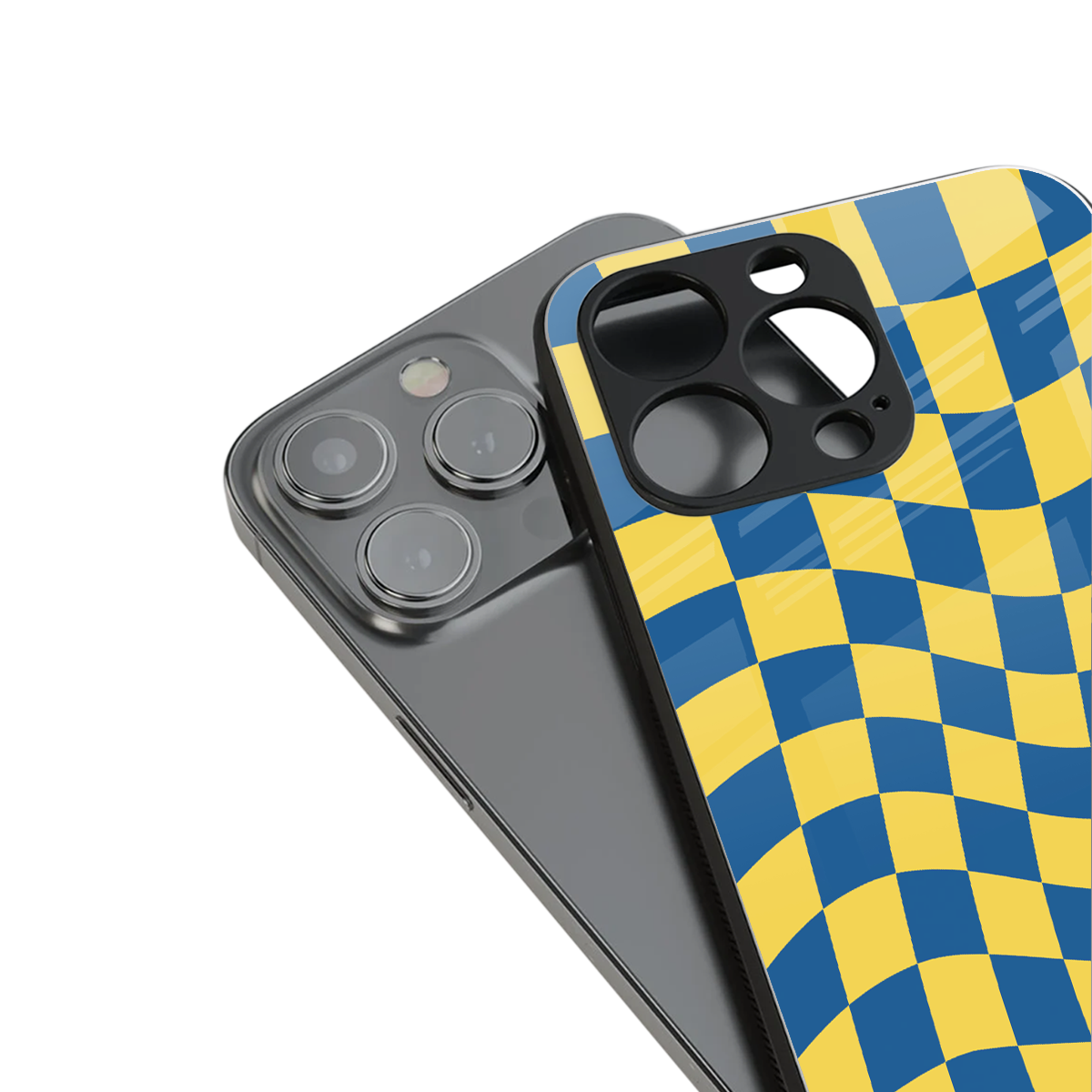 yellow blue trippy check pattern back phone cover | glass case for iphone 14 pro max