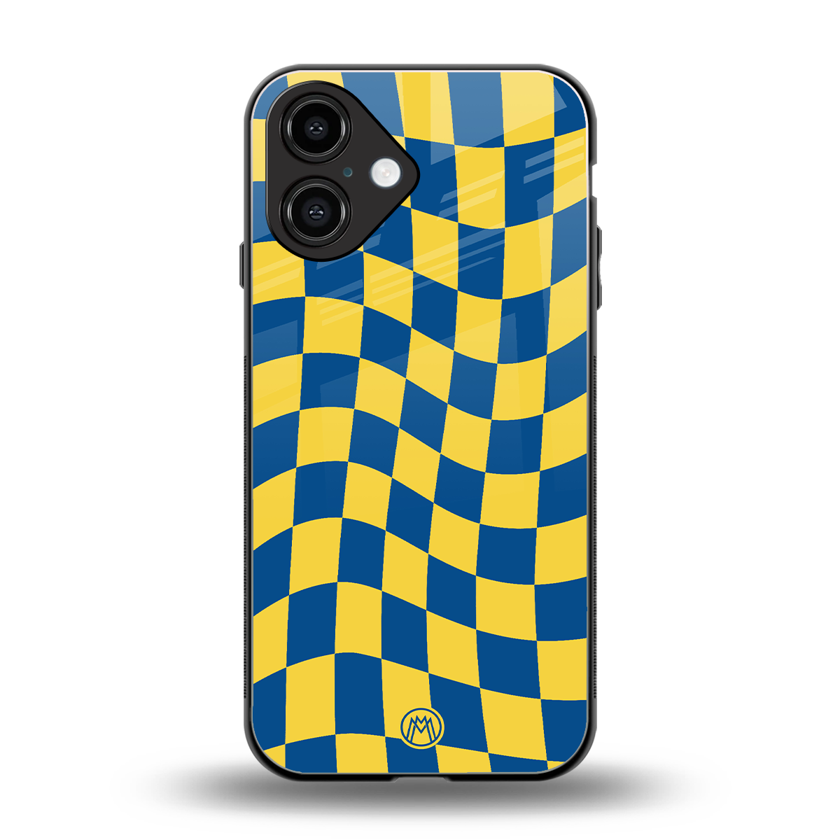 yellow blue trippy check pattern back phone cover | glass case for iphone 16