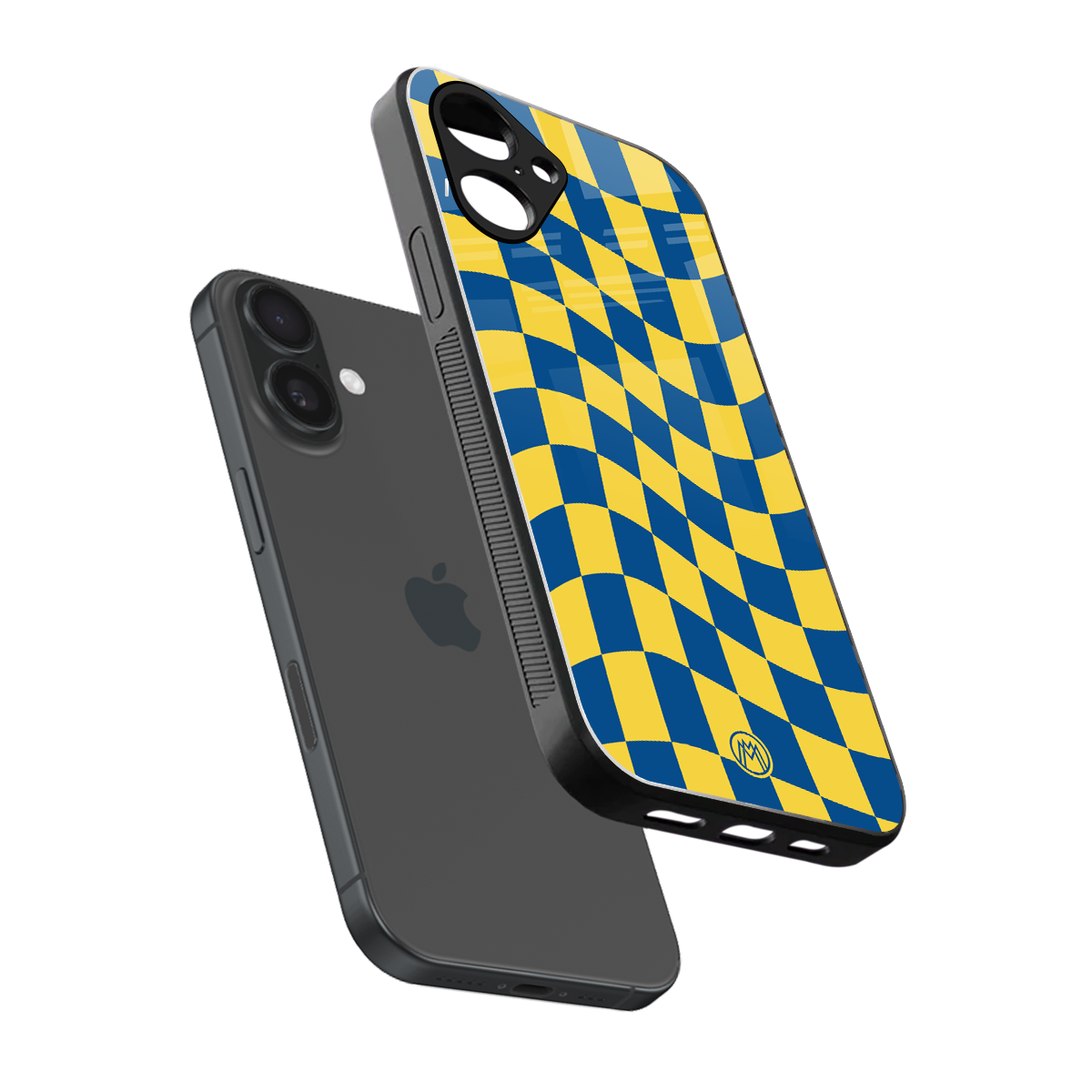 yellow blue trippy check pattern back phone cover | glass case for iphone 16