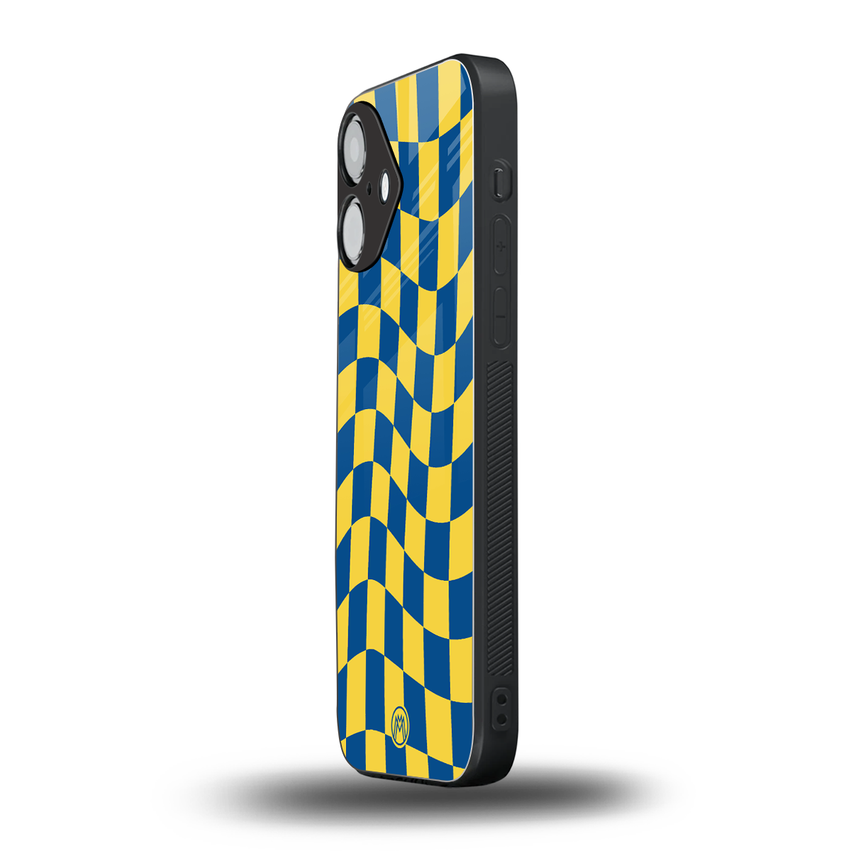 yellow blue trippy check pattern back phone cover | glass case for iphone 16