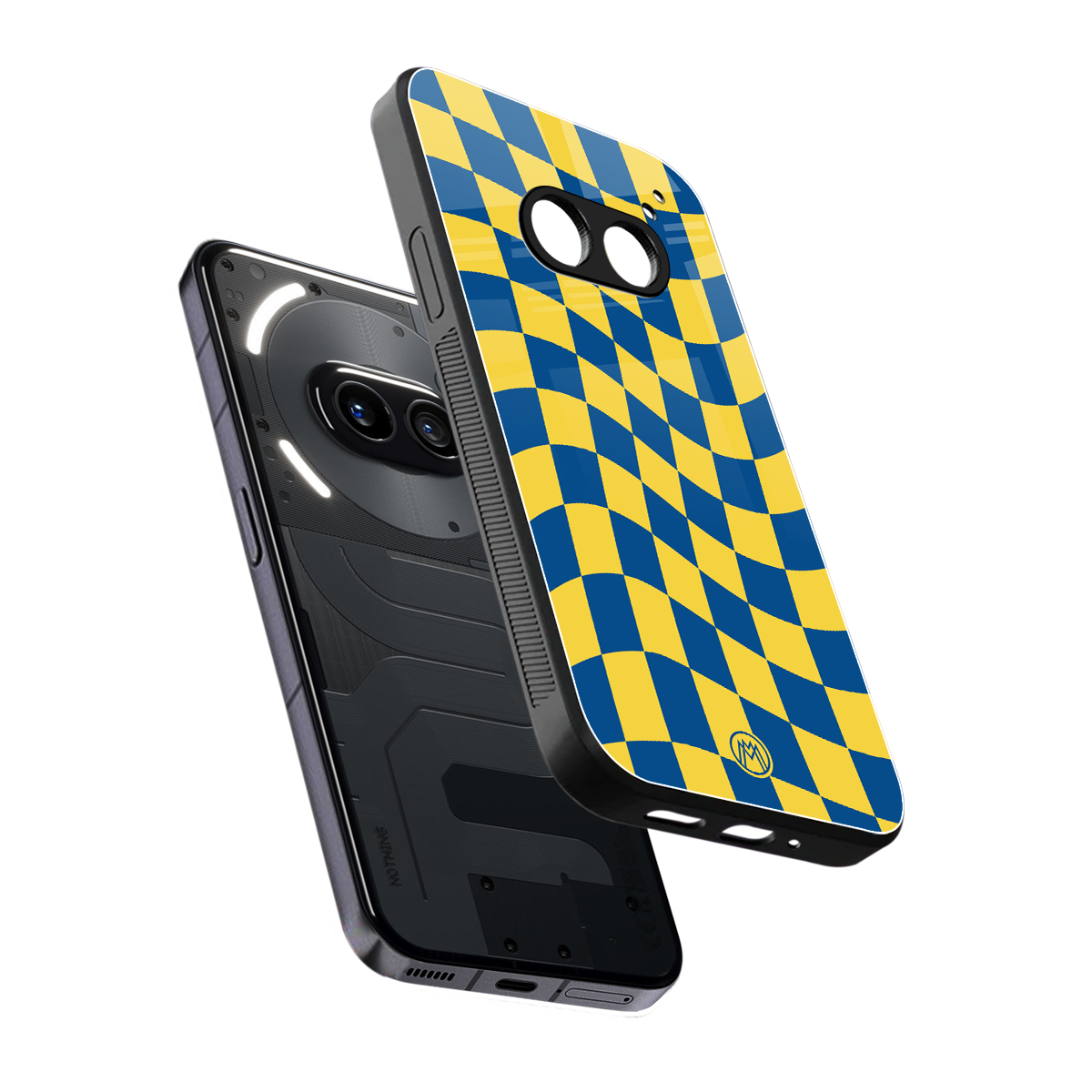 yellow blue trippy check pattern back phone cover | glass case for nothing phone 2a