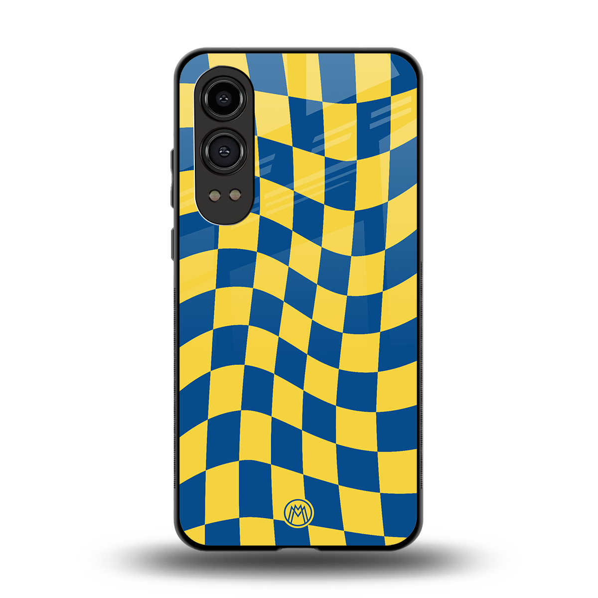 yellow blue trippy check pattern back phone cover | glass case for oneplus nord ce 4 lite