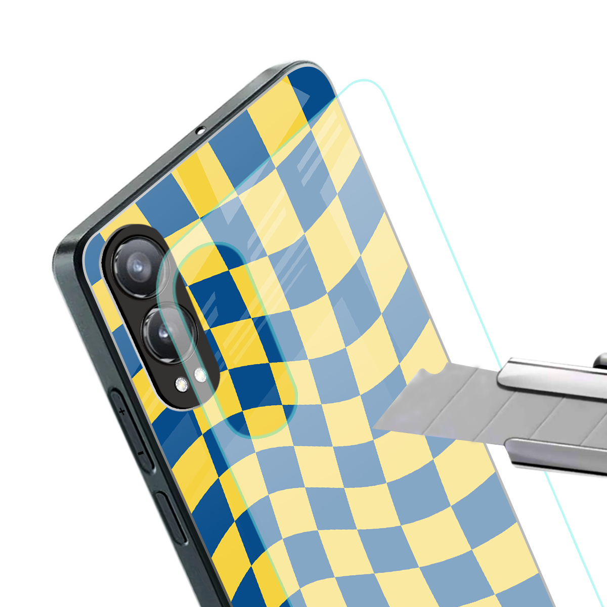 yellow blue trippy check pattern back phone cover | glass case for oneplus nord ce 4 lite