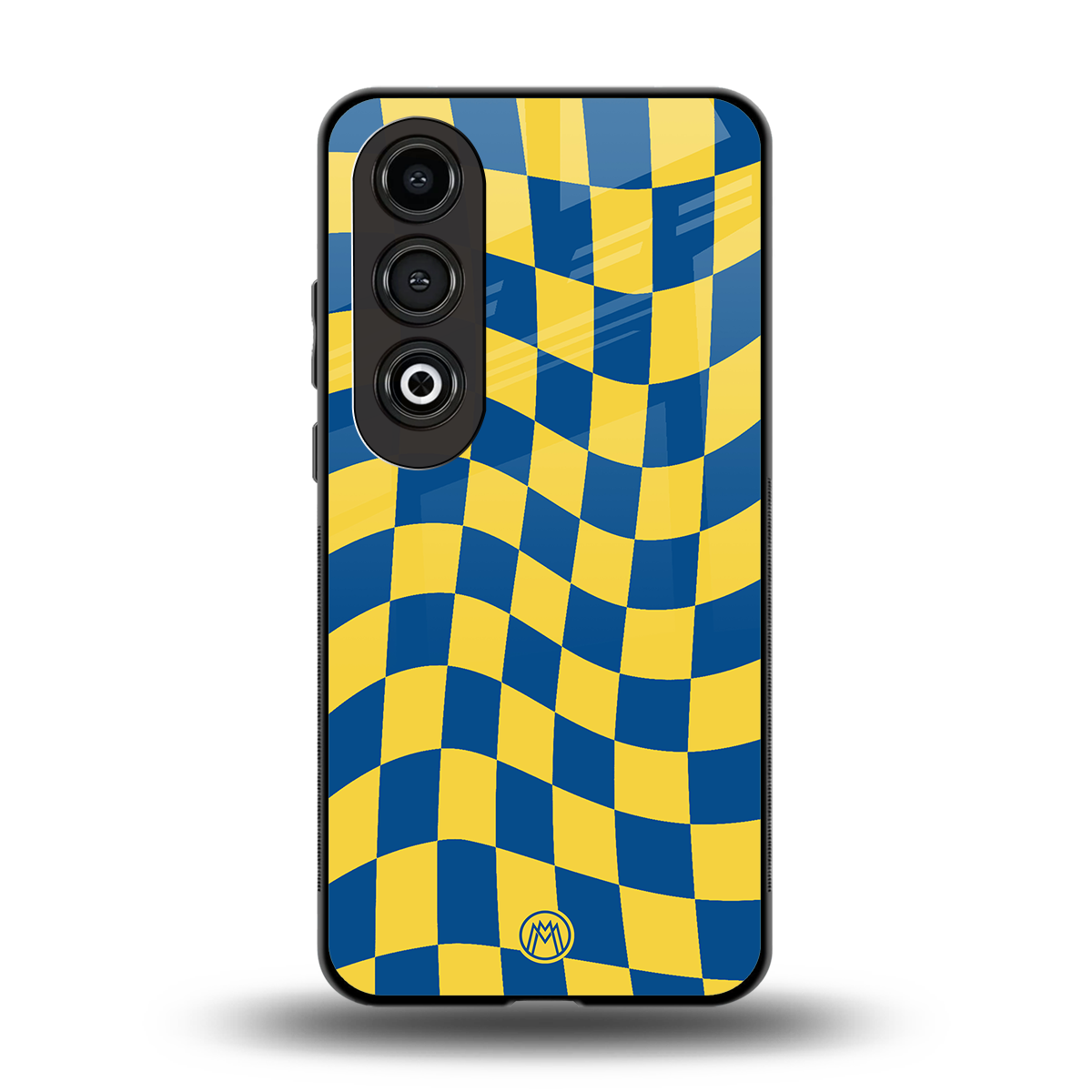 yellow blue trippy check pattern back phone cover | glass case for oneplus nord ce 4