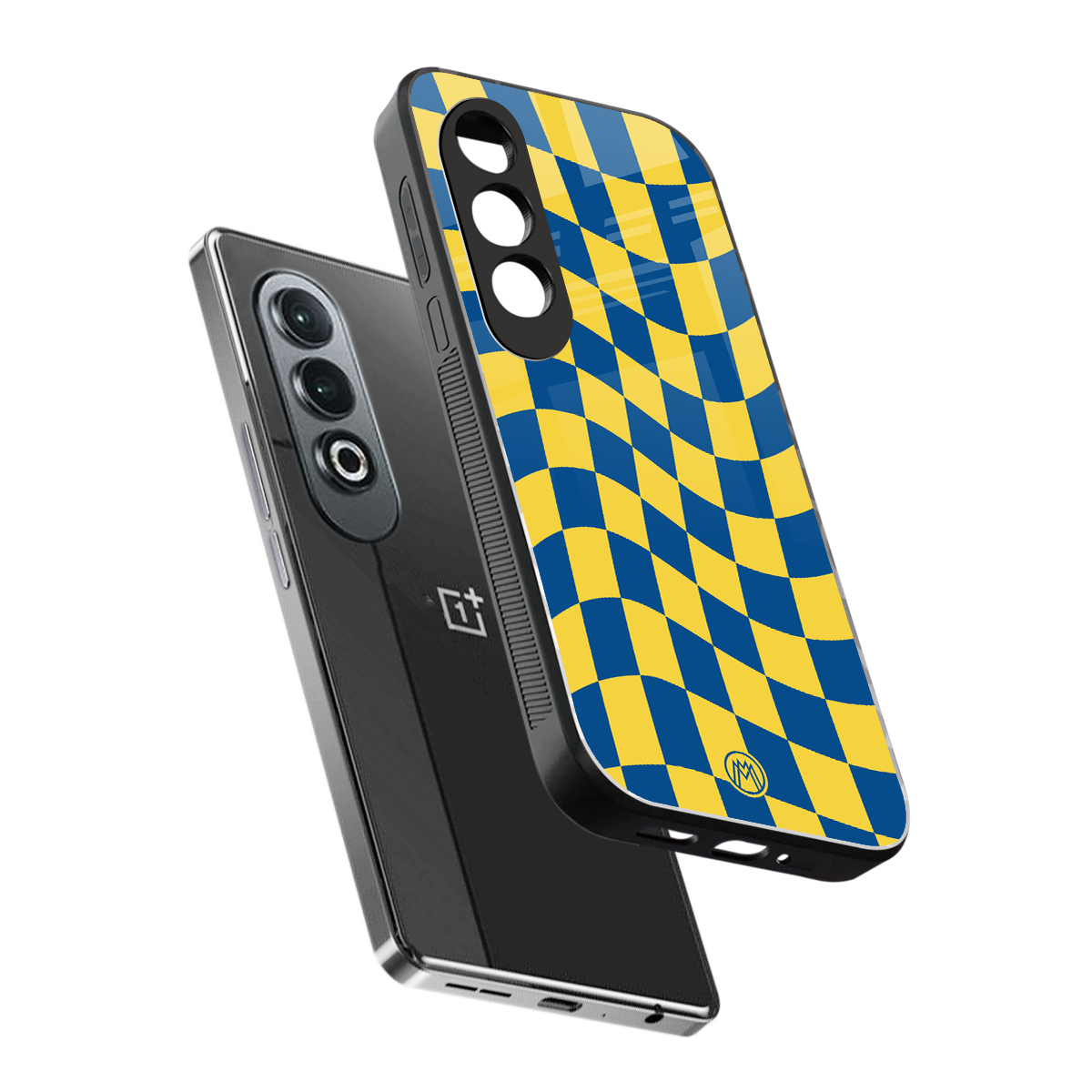 yellow blue trippy check pattern back phone cover | glass case for oneplus nord ce 4