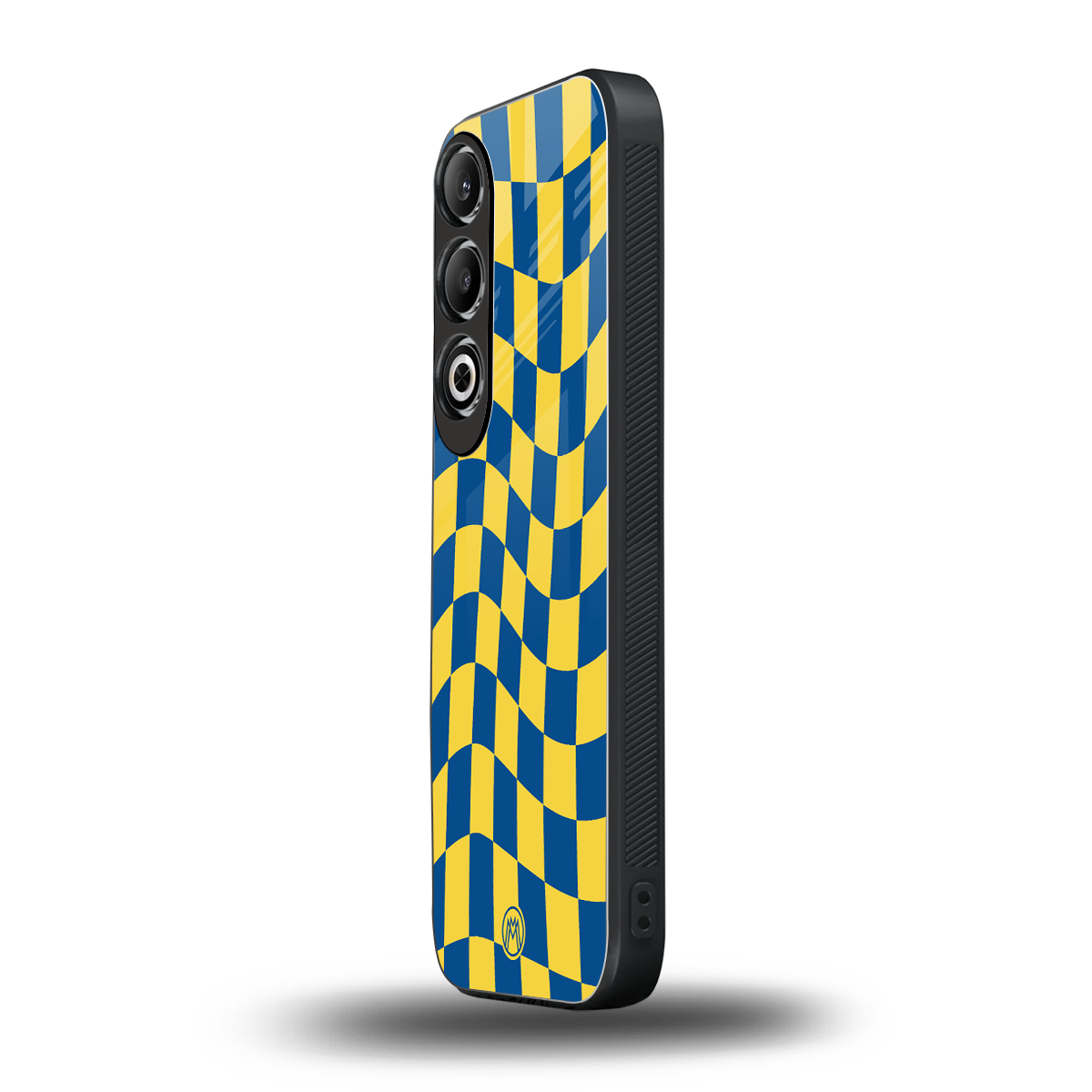 yellow blue trippy check pattern back phone cover | glass case for oneplus nord ce 4