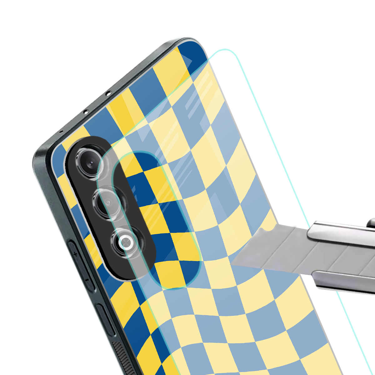 yellow blue trippy check pattern back phone cover | glass case for oneplus nord ce 4