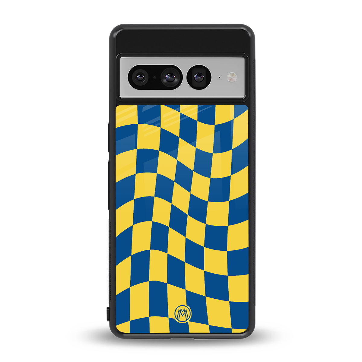 yellow blue trippy check pattern back phone cover | glass case for google pixel 7 pro