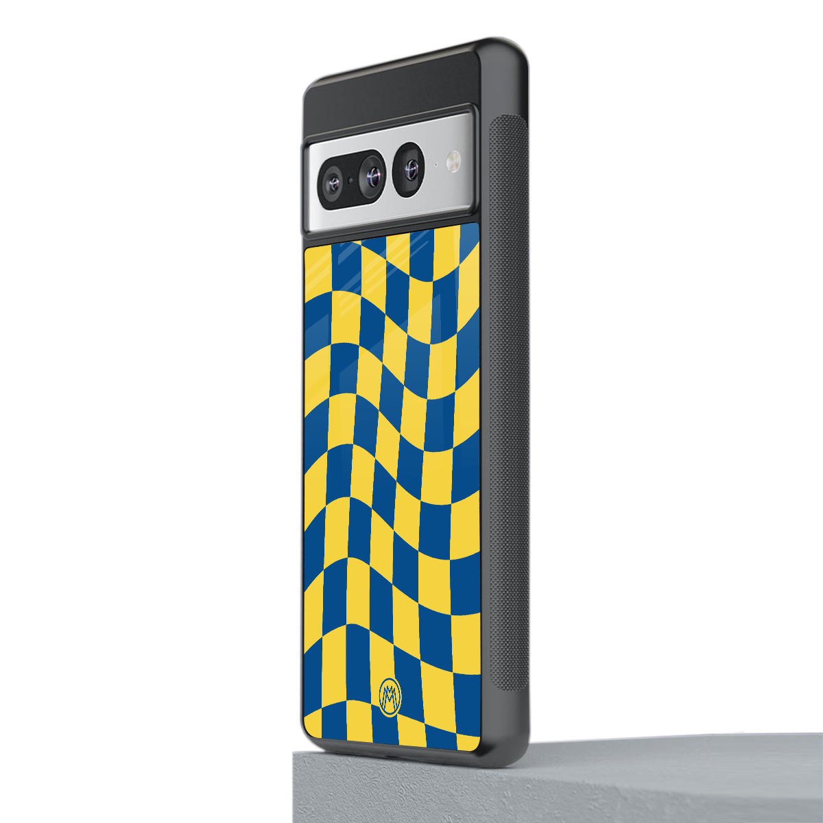 yellow blue trippy check pattern back phone cover | glass case for google pixel 7 pro