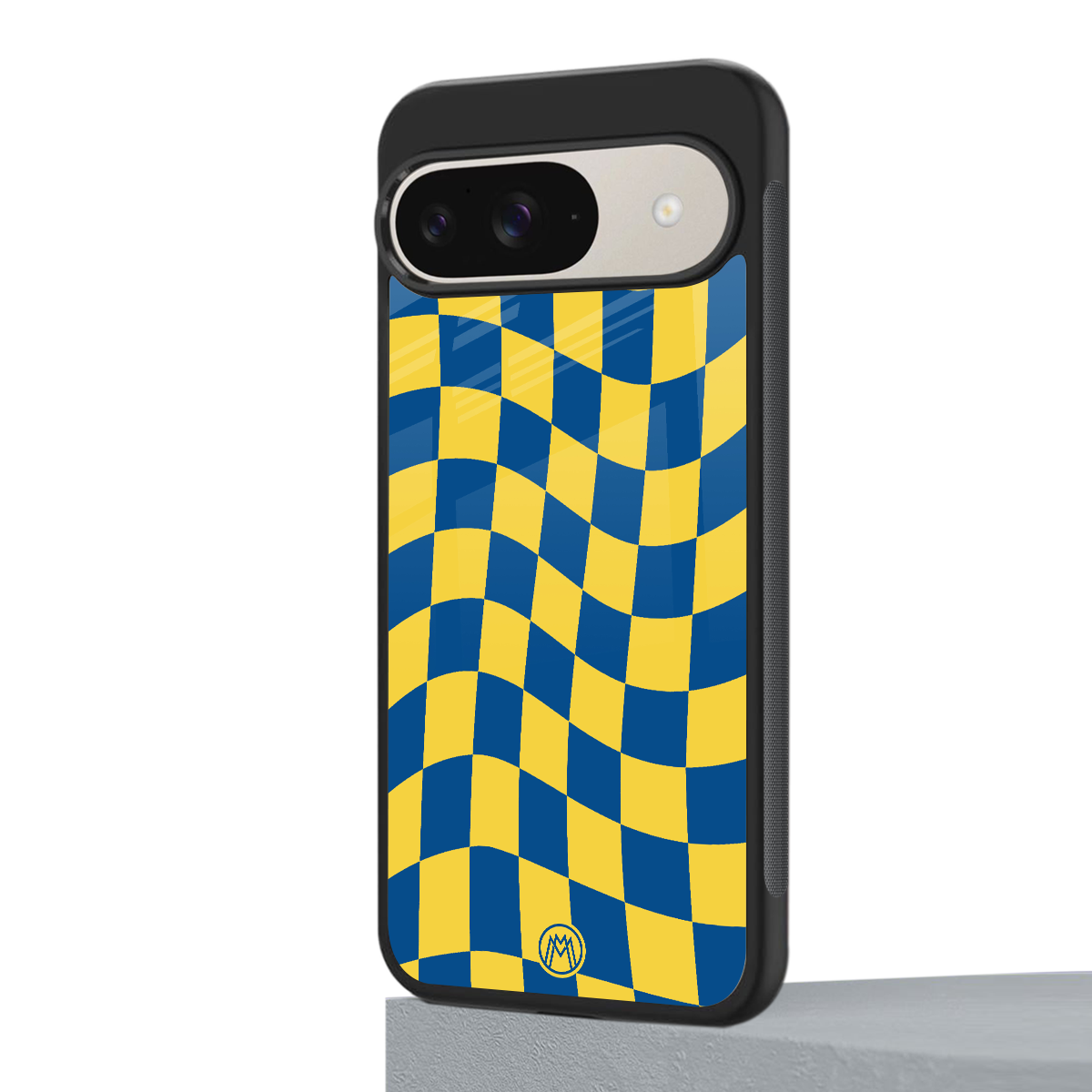 yellow blue trippy check pattern back phone cover | glass case for google pixel 9