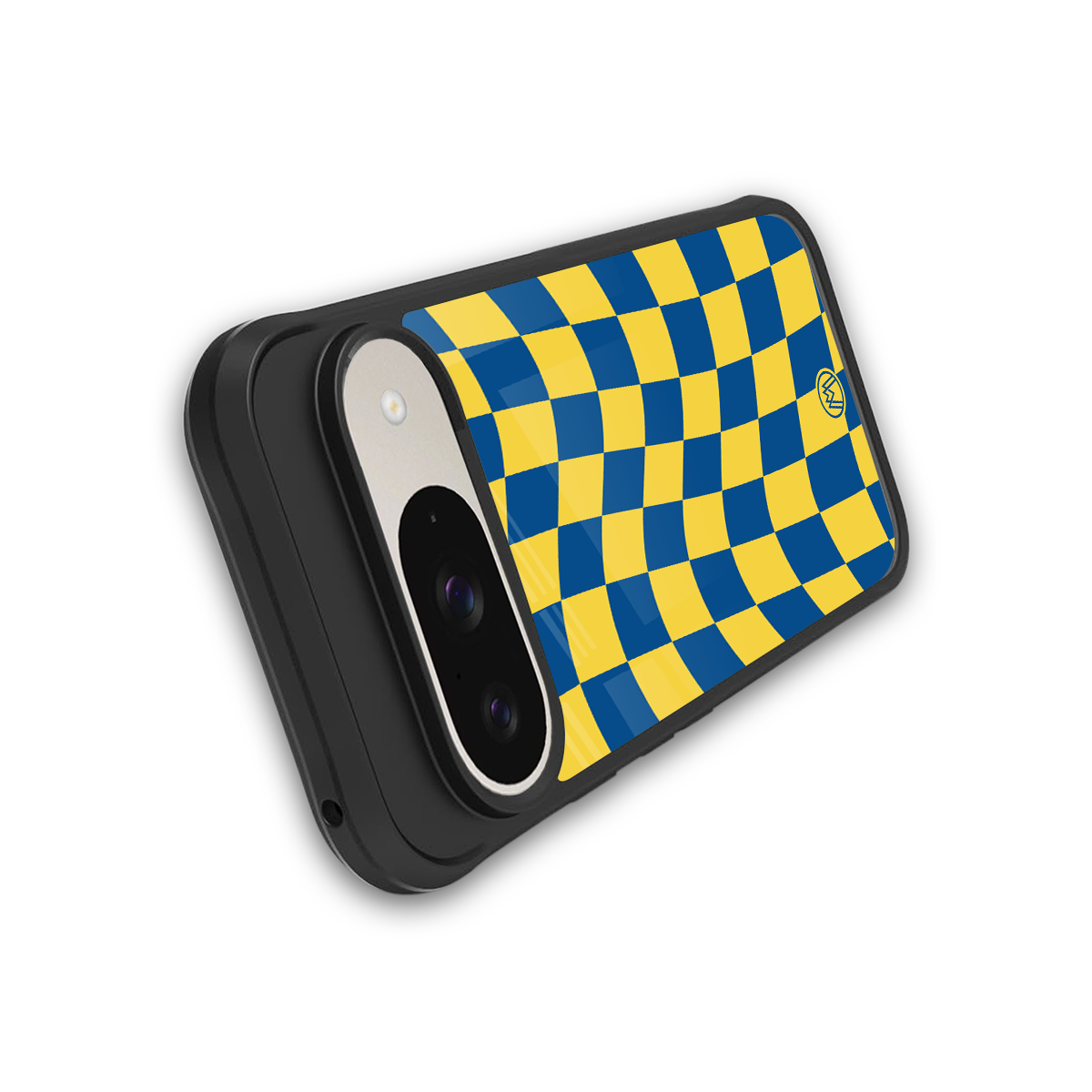 yellow blue trippy check pattern back phone cover | glass case for google pixel 9