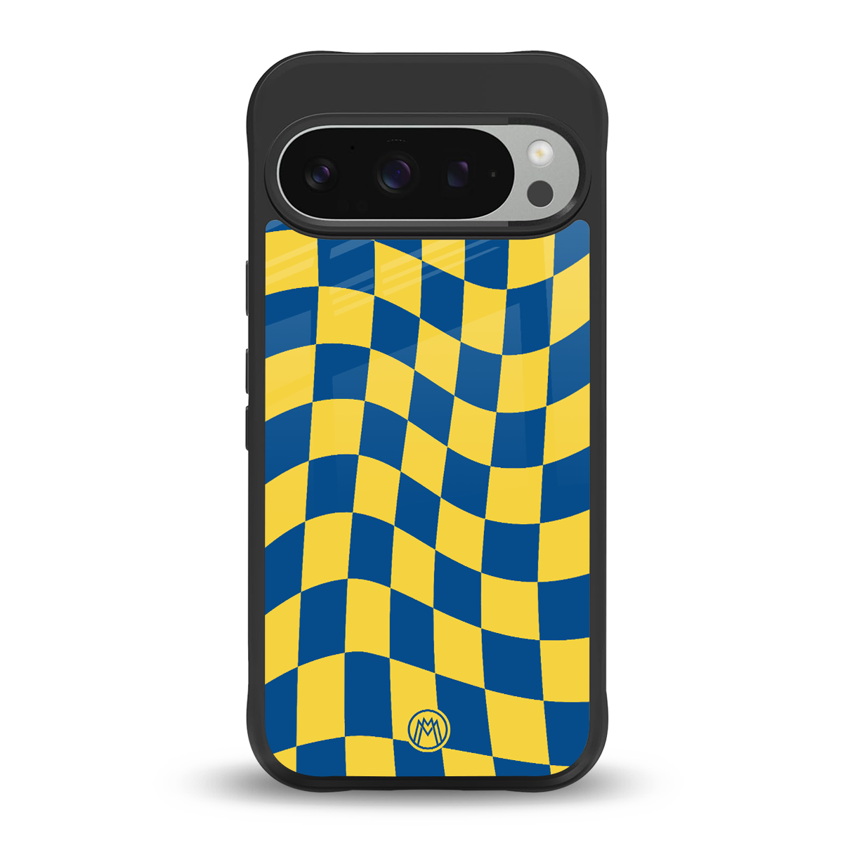 yellow blue trippy check pattern back phone cover | glass case for google pixel 9 pro xl