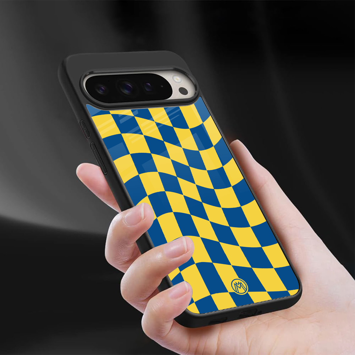 yellow blue trippy check pattern back phone cover | glass case for google pixel 9 pro xl